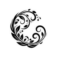 Black and white symmetrical floral in a circular arrangement of leaves, swirls, and berries, set against a white background. vector