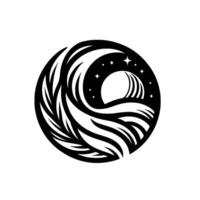 Stylized Circular Emblem Waves Curl Around a Globe with Stars in a Dark Sky, Representing Night and Ocean. vector