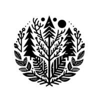 Stylized Monochrome Forest Landscape Within a Circular Emblem Pine Trees, Branches, Leaves, Berries, and Geometrical Forms. vector