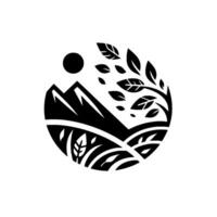 Black and white circular nature emblem mountains, sun, tree, fields, leaves in a minimalist art style. vector