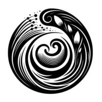 Abstract Black and White Floral Swirl , Circular Composition with Spiraling Forms, Budding Elements, and Delicate Details. vector