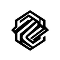 Geometric Black and White with Interlocking Hexagonal Shapes and Striped Elements Against a Minimalist White Background. vector