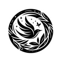 Black and white circular with a stylized bird in flight surrounded by leaves, dots, and stars, conveying serenity and peace. vector