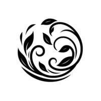 Elegant, symmetrical black and white botanical , a stylized circular composition of leaves and swirling vines against a pure white background. vector