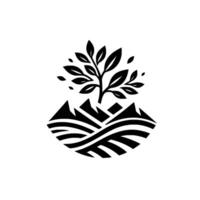 Minimalist Black and White Emblem Tree Growing from Abstract Mountainscape on White Background. vector