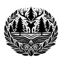 Intricate black and white forest scene in an oval frame, depicting trees, deer, and stylized landscape with nature elements. vector