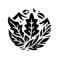 A stylized, monochromatic circular composition featuring intricately designed leaves, creating a natureinspired emblem. vector