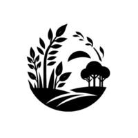A circular, minimalist black and white illustration of a verdant landscape with trees, foliage, and rolling hills under a crescent sun. vector