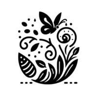 A stylized black and white circular floral illustration featuring a butterfly, leaves, swirls, and dots, creating a decorative and organic . vector