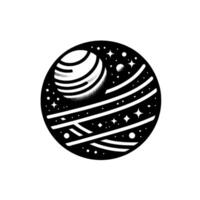 Cosmic Sphere Black and white illustration featuring a stylized planet with striped , stars, and dots within a circular border, evoking a celestial journey. vector