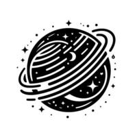 Stylized Black and White Planetary Illustration with Ring, Stars, Moon, and a Striking Geometric on a Solid White Background. vector