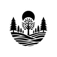 Stylized black and white nature scene, minimalist with trees, rolling hills, and a partially obscured sun, in a circular composition. vector