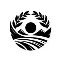 Black and White Circular Emblem Mountainscape with Sun, Laurel Wreath, and Fields. Minimalist . vector