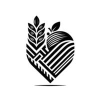 Abstract Black and White Heart Shape Combining Wheat and Apple Elements, Minimalist Emblem vector