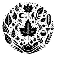 A circular, minimalist illustration showcasing autumn elements, including leaves, a crescent moon, pumpkin, foliage, and a basket, all in black and white. vector