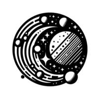 Stylized Black and White Celestial Circle Planets, Stars, and Orbits in Cosmic Illustration. vector