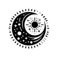 Celestial monochrome featuring crescent moon, sun, stars, and dotted circular border. vector