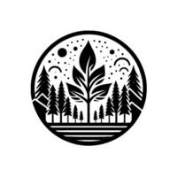 A circular black and white nature illustration featuring a stylized tree, forest, mountains, and celestial elements. vector