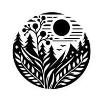 Stylized black and white circular nature scene with trees, sun, mountain, birds, berries, leaves, and clouds. vector