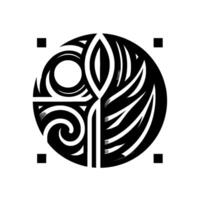 A striking black and white circular emblem featuring stylized leaflike and curvilinear motifs, framed by squares. vector