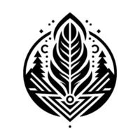 Black and white geometric illustration featuring a central leaf, pine trees, geometric shapes, dots and crescents, arranged within a circular teardroplike composition, suggestive of nature and wilder vector