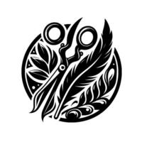 Intricate Black and White Circular Featuring Scissors, Feathers, and Floral Motifs, Suggesting Craftsmanship and Elegance vector