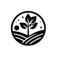 Stylized monochrome of a growing plant in a field, enclosed within a circle, depicting nature and agriculture. vector