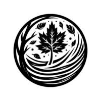 Black and white illustration depicting a stylized maple leaf and scattered leaves inside a circular frame, with organic tree branch elements. vector