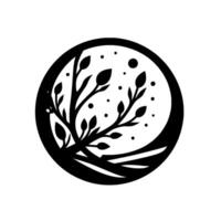 A minimalist black and white circular featuring a stylized branch with leaves, buds, and dots, set against a clean white background. vector