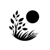 A stylized black and white minimalist illustration depicting a tree with a dark sphere resembling the sun or moon, set over stylized grass. vector