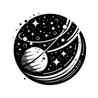 Monochromatic Celestial Sphere Stylized Planet, Stars, Moons, Orbiting Lines, and Cosmic Dust in a Black and White Round Composition. vector