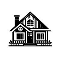 A stark, minimalist black and white illustration of a charming, traditional house with a chimney, intricate window details, and subtle landscaping. vector