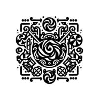 Intricate Black and White Geometric with Swirls, Circles, and Ornate Border Elements. vector