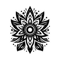 Symmetrical Black and White Floral Mandala with Intricate Geometric Patterns and Central Circular Motif vector