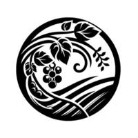 Elegant Black and White Circular Featuring Grape Vines, Leaves, and a Stylized Vineyard Composition. vector