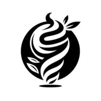 Minimalist black and white of softserve ice cream, leaves, and spiral on a dark circle, evoking natural flavors and freshness. vector