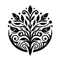 Black and white symmetrical floral with leaf elements, swirling patterns, and a modern aesthetic on a bright white background. vector