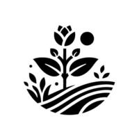 Monochrome Emblem Blooming flower, landscape, sun, and field, symbolizing growth and nature, in minimalist style. vector