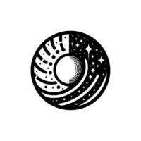 Black and white circular depicting a celestial split composition with starry night and geometric elements, on white backdrop. vector