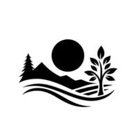 Minimalist black and white landscape featuring mountains, a sun, a fir tree, a leafy tree, and rolling hills. vector