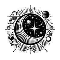 Celestial Black and White Emblem Crescent Moon, Starburst, Planets, and Cosmic Elements in a Geometric, Stylized . vector