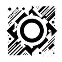 Geometric black and white abstract composition featuring a central circle, angular shapes, lines, and dots, creating a dynamic and modern artwork. vector