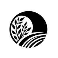 Abstract circular black and white illustration showcasing a tree with leaves and stylized farmland. vector