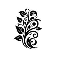 Elegant monochrome floral , featuring stylized leaves, tendrils, and circular motifs, against a stark white background. vector