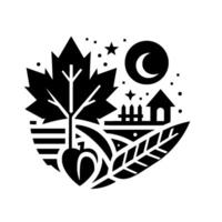 Stylized black and white illustration of a rural landscape with a large maple leaf tree, a small house, fence, moon, stars, and surrounding flora. vector