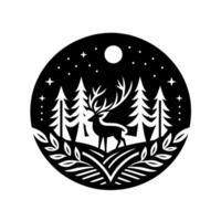 Silhouette of a Majestic Stag in a Forest Night, Starry Sky, Moon, and Foliage in a Circular Composition. vector