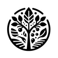 Stylized Black White Circular of a Tree with Leaves, Berries, and Ground Details, evoking Nature and Organic Concepts. vector
