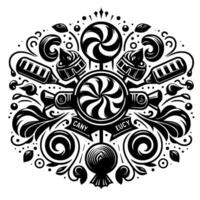 Intricate Black White Candy Medallion, featuring swirling lollipops, sweets, floral scrollwork in a symmetrical . vector