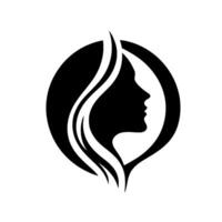 Minimalist Black Silhouette of a Womans Face with Flowing Hair Inside a Textured Circle, Isolated on White. vector