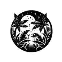 Circular Silhouette of a Tropical Night Scene Featuring Palm Trees, Foliage, Steps, Moon, and Stars in a Black and White Illustration. vector